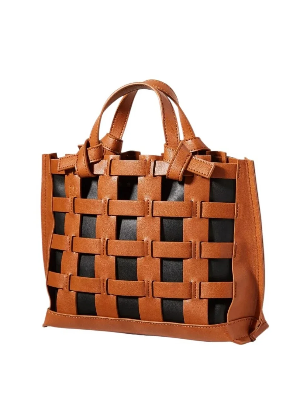 Anthropologie Rio Tote Bag in Brown Woven Cage with Black inner pouch crossbody